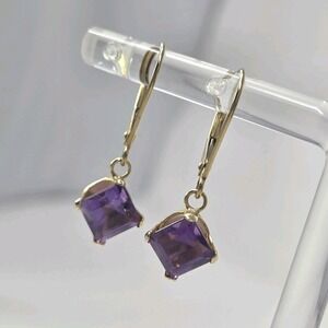Real 14kt Yellow Gold Emerald Cut Amethyst Leverback Earrings 1.5 Grams 1 in JCM